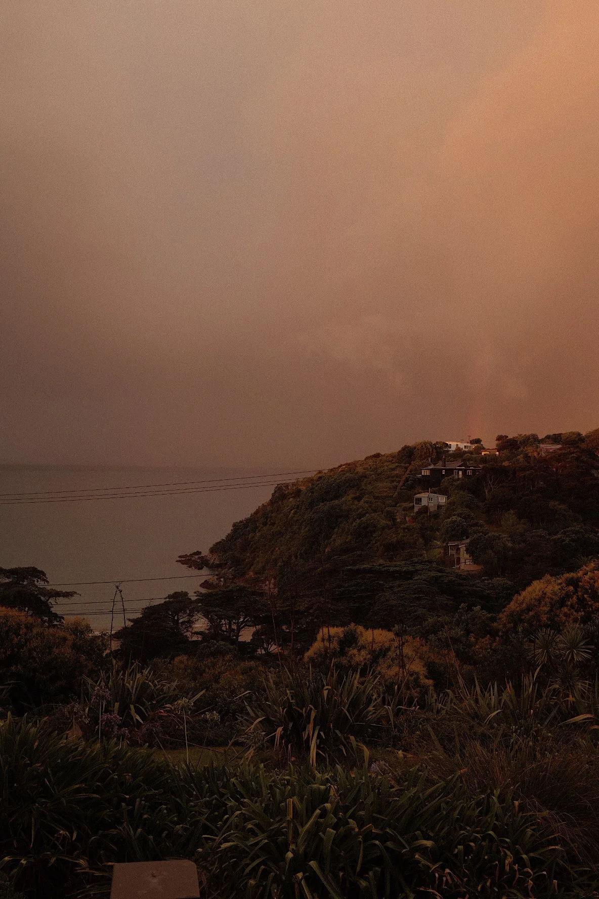 Hillside with houses overlooking a body of water during sunset, surrounded by dense greenery and cloudy sky.