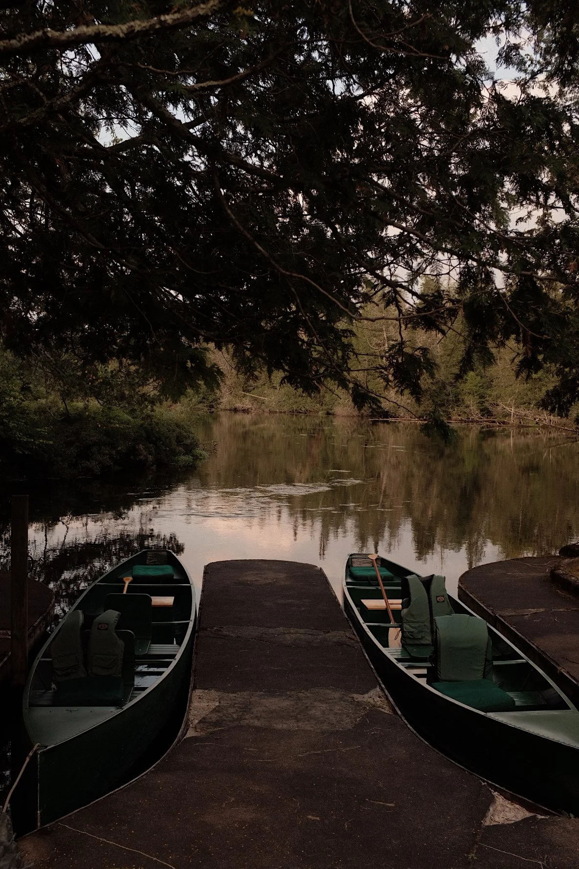 Two green canoes with paddles on a dock by a calm river, surrounded by trees, under an overcast sky.