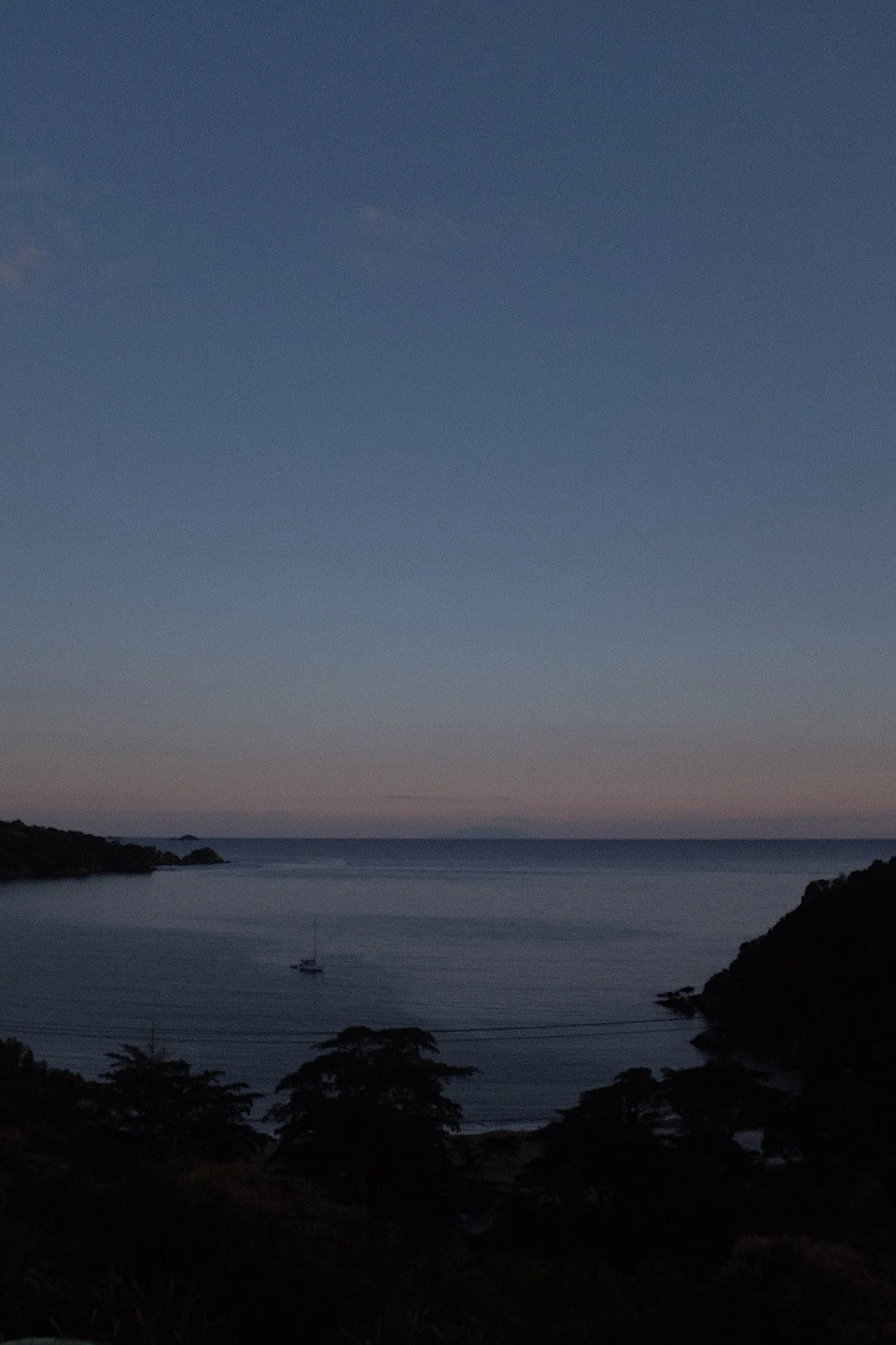 A tranquil evening seascape with a sailboat on calm waters, silhouetted trees in the foreground, and a colorful sky transitioning from blue to pink.