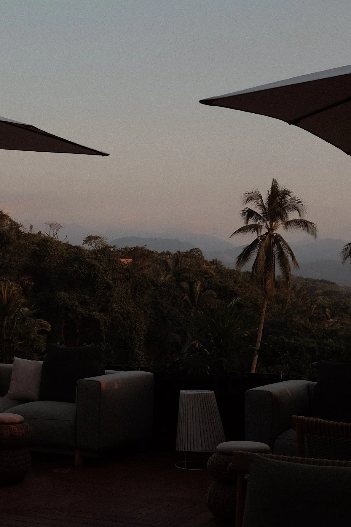 Rooftop lounge with outdoor furniture, palm trees, and mountain view at sunset
