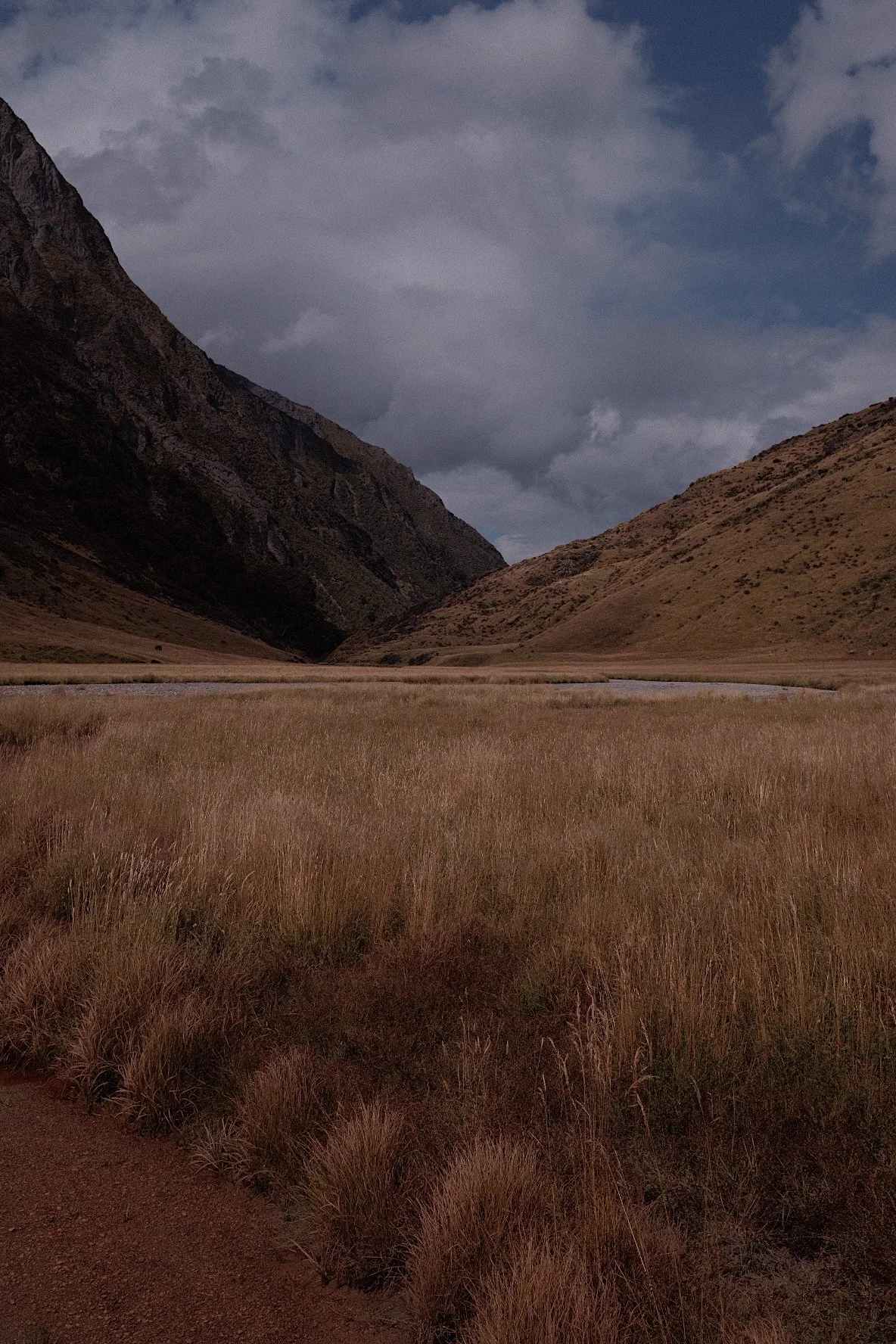 Mountain landscape with grass field and cloudy sky