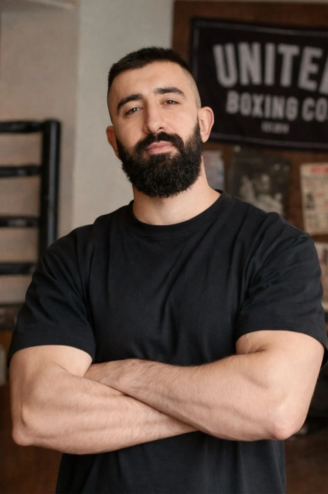 A bearded man with short dark hair, wearing a black t-shirt, standing with arms crossed in front of a wall with a "United Boxing Co." sign.