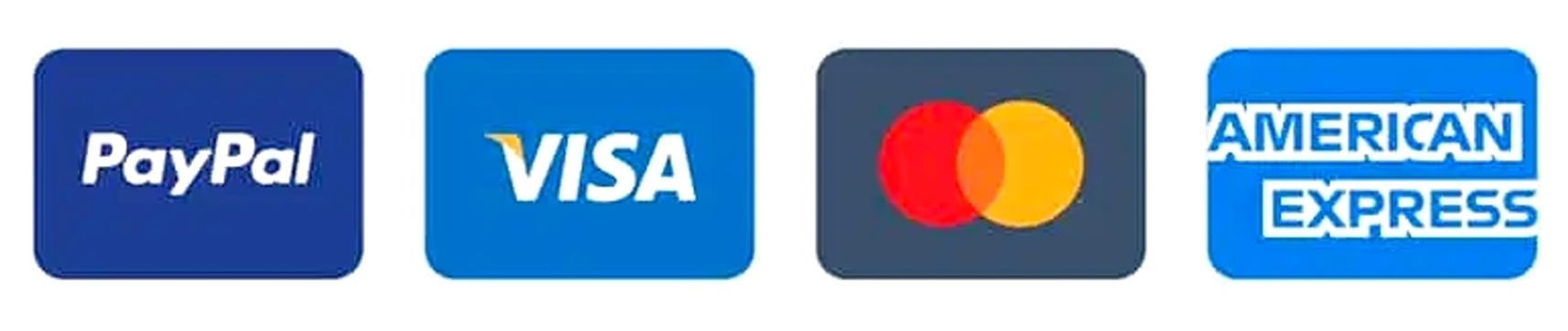 Payment method logos for PayPal, Visa, Mastercard, and American Express.