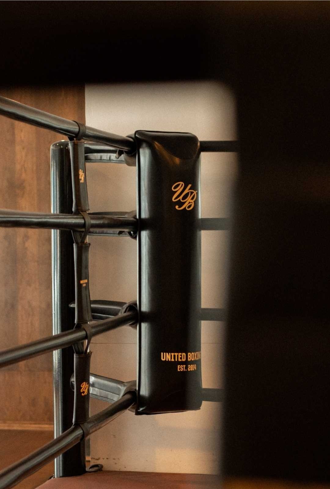 A black boxing speed bag with gold lettering on a metal frame, labeled 'United Boxing,' and 'EST. 2014' at the bottom, positioned next to a white wall and brown wooden floor.