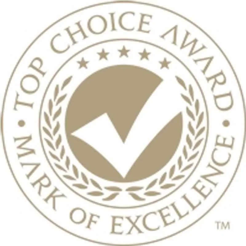 Seal with a checkmark in the center, surrounded by the words 'Top Choice Award Mark of Excellence' and five stars.
