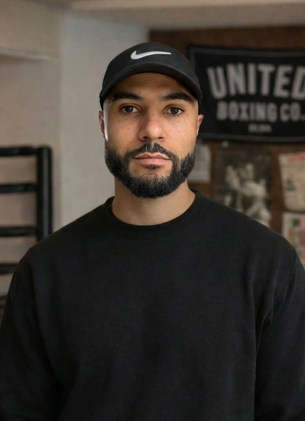 A man with a well-groomed beard and mustache, wearing a black Nike cap and black sweatshirt, standing indoors with a United Boxing Co. banner in the background.