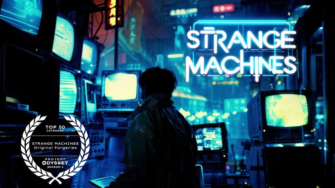 STRANGE MACHINES · Neon noir. In a neon-drenched city, a jaded detective tracks a hybrid woman through an underworld of scrapped AI. Project Odyssey 2024 · Finalist & Honorable Mention.