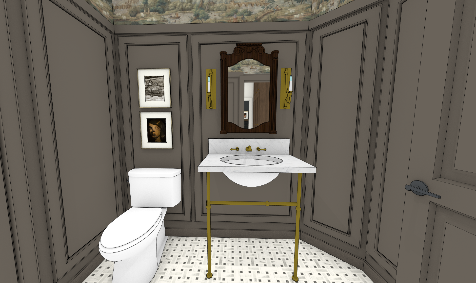 A small bathroom with gray paneled walls, a white toilet, a marble sink with gold fixtures, a wooden framed mirror, two yellow wall-mounted light fixtures, framed black-and-white artwork, and a patterned tile floor.