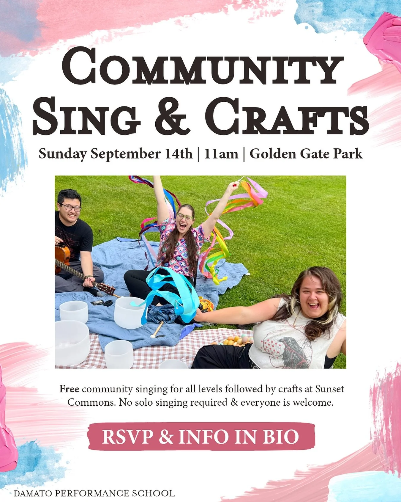 Start your Sunday in Golden Gate Park with music, laughter, and new friends. 🌿🎶

On Sept 14 at 11 AM, Damato Performance School hosts our free monthly Community Sing &mdash; a space where every voice is welcome. We&rsquo;ll warm up together, share 