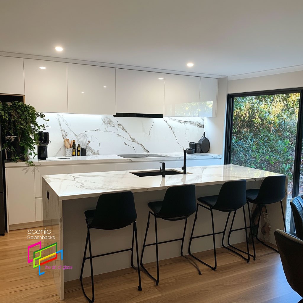 a marble style splashback in a modern kitchen