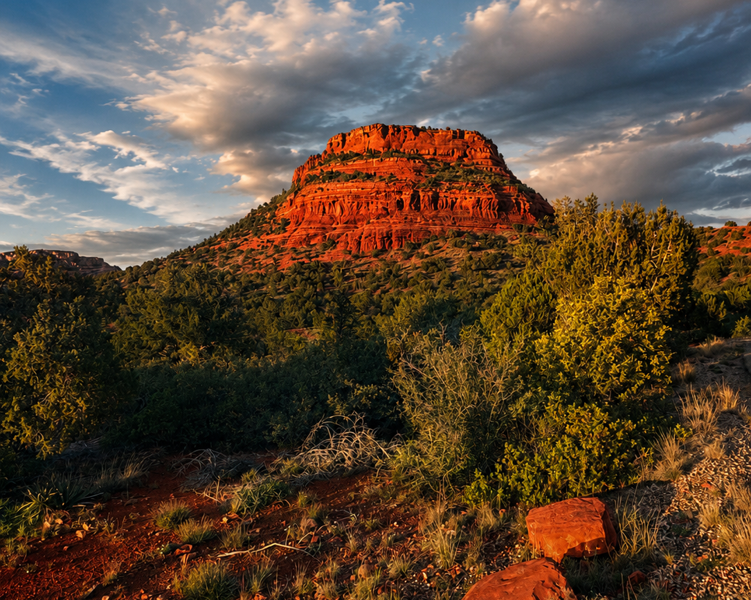 Sunset over a red rock formation in a desert landscape with green shrubbery and a cloudy sky.