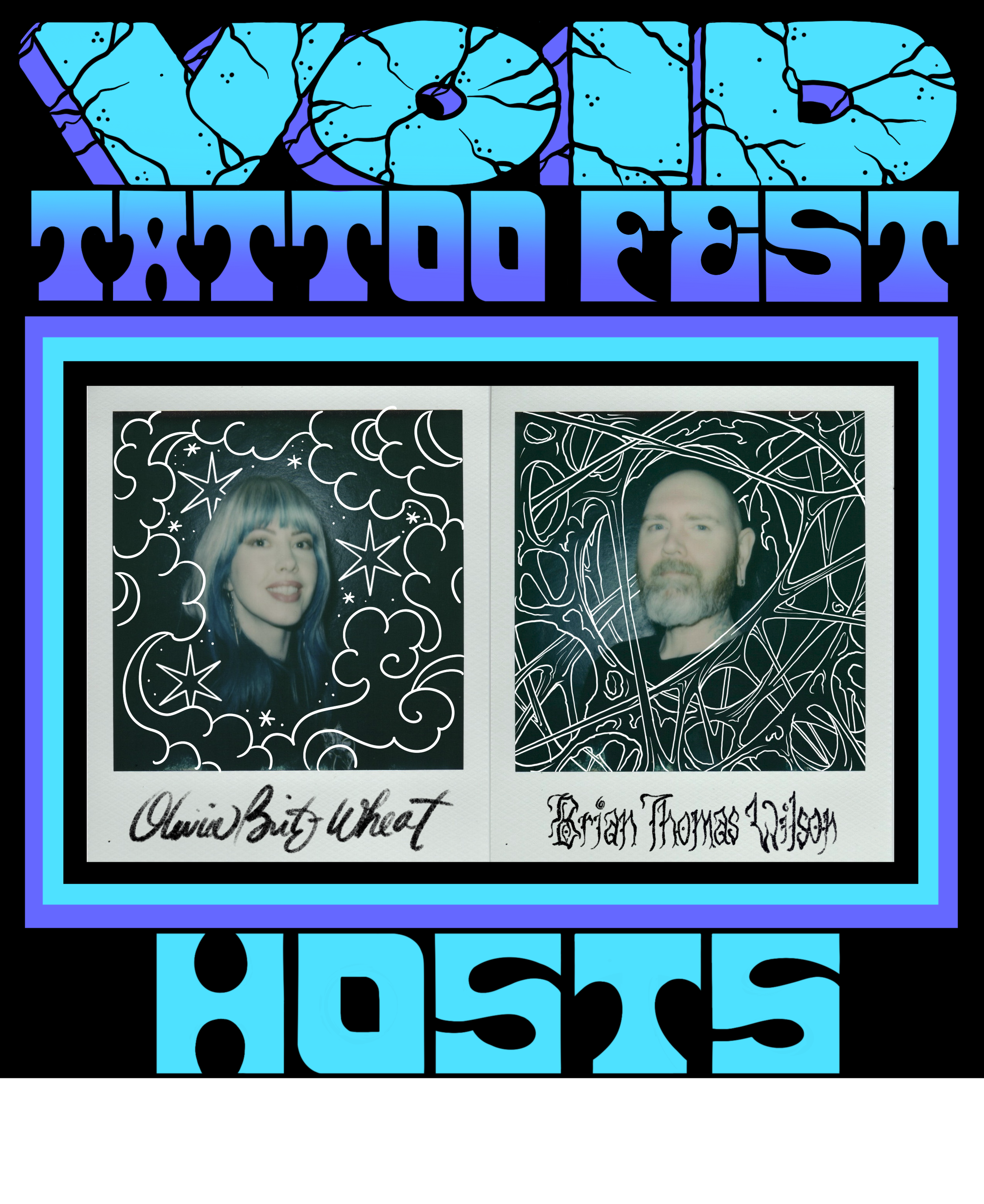 Album cover titled 'Voodoo Tarot' with photos of Quiv Bitz Wheat and Brian Thomas Wilson, decorated with mystical star and cloud patterns.