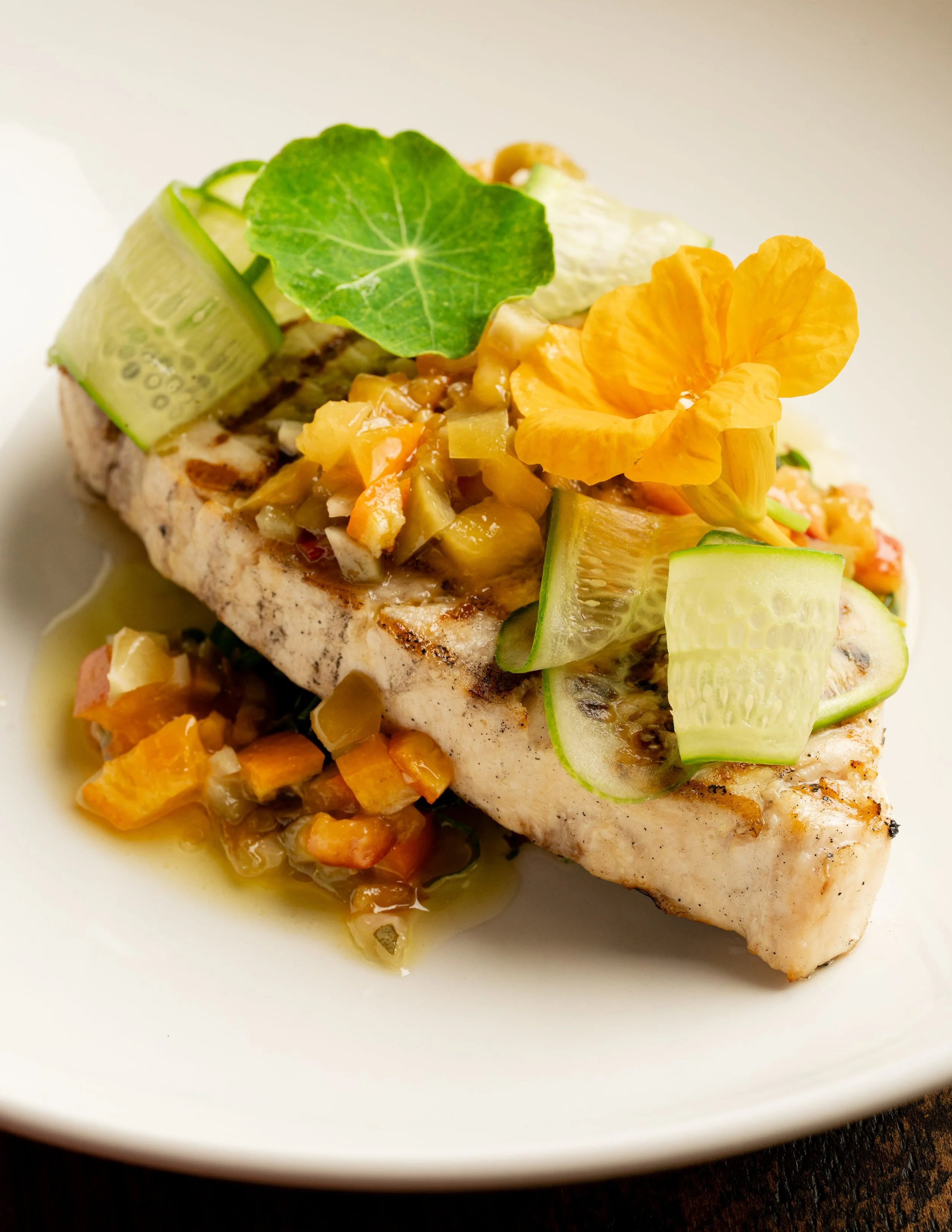 Grilled swordfish, preserved tangelo, baby peach salsa, cucumber
