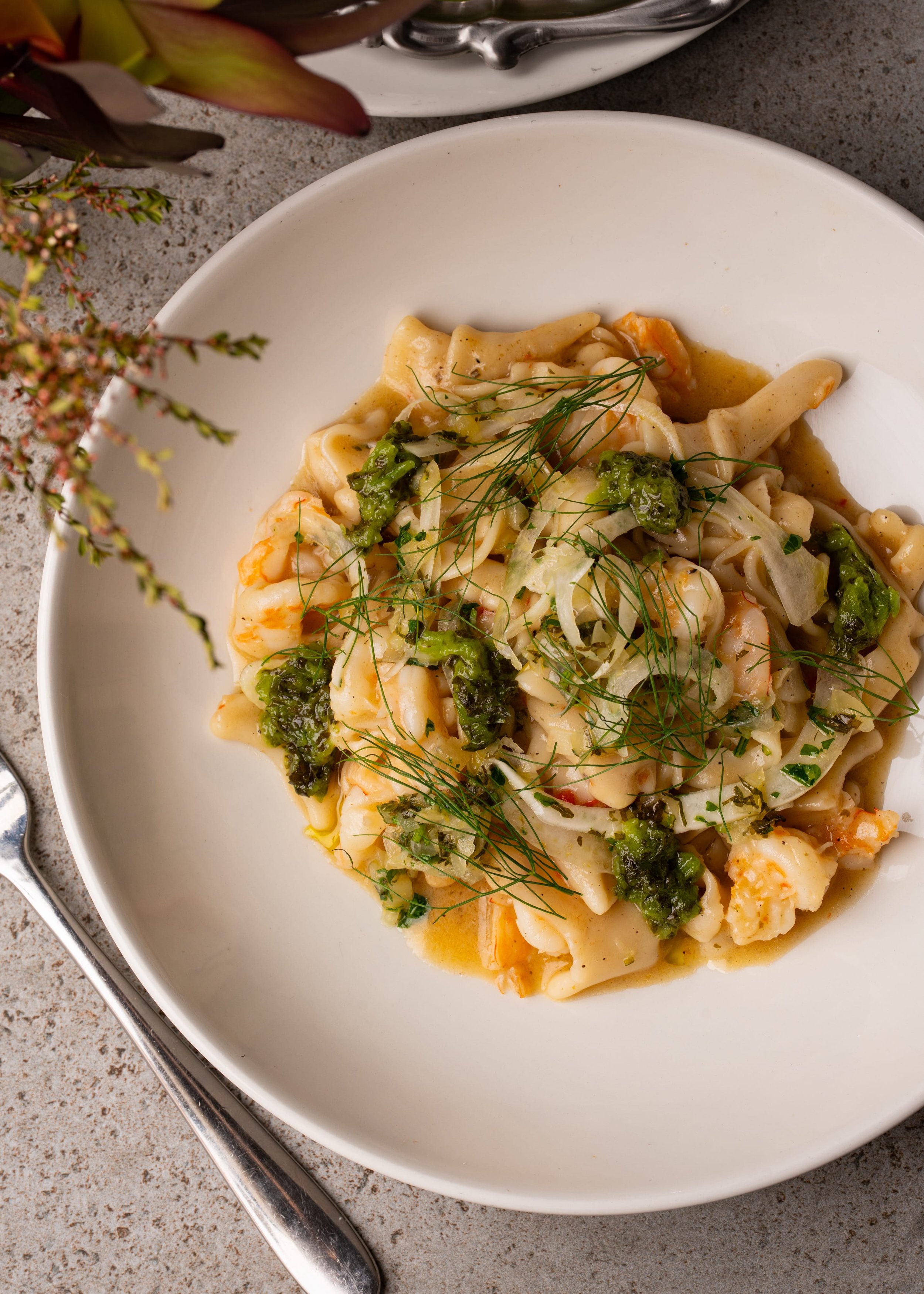 Prawn pasta, bisque sauce, fennel and tarragon salsa