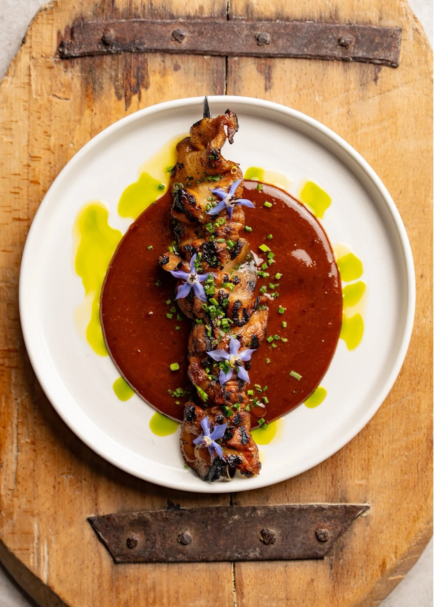 Char Siu Pork Belly Skewer, pickled cucumber, five spice, garlic
