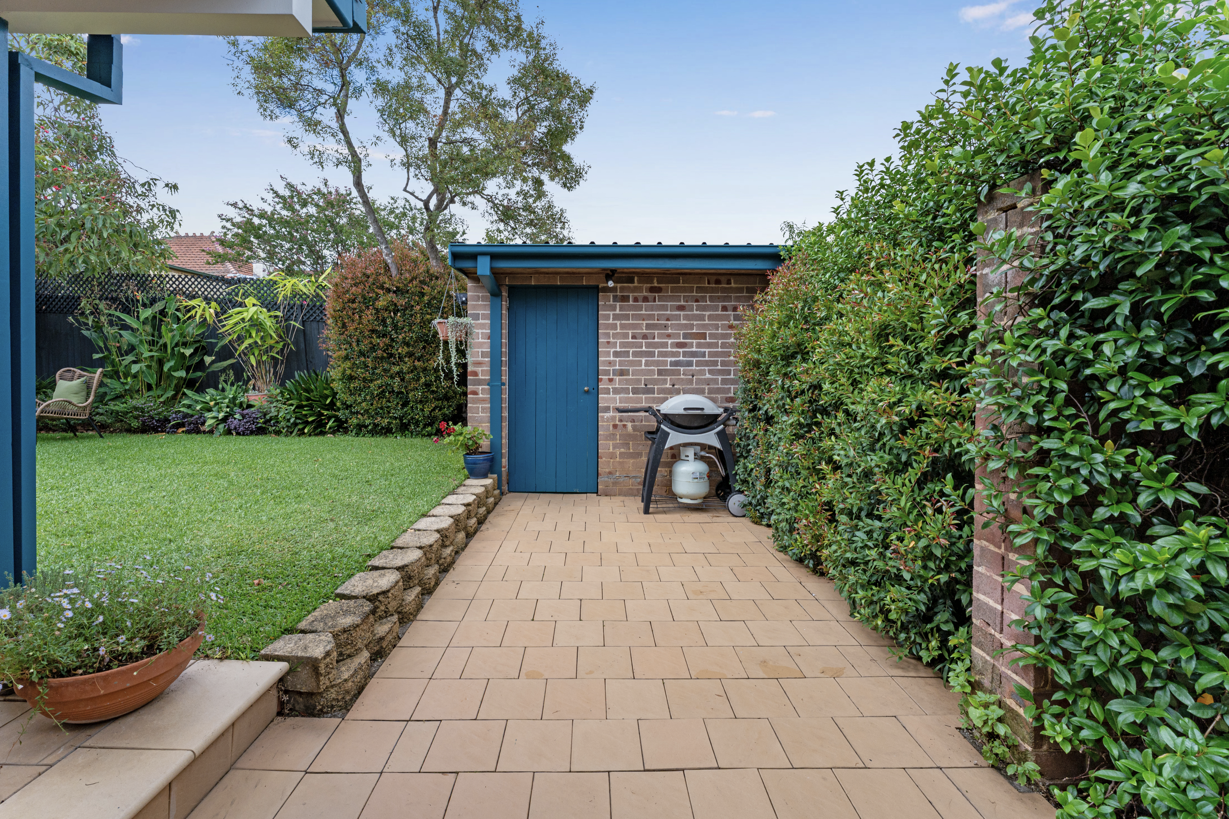 A backyard patio with beige tiles, a small brick shed with a blue door and roof, a gas grill, a potted plant, and lush greenery including a broad-leaved hedge and trees.
