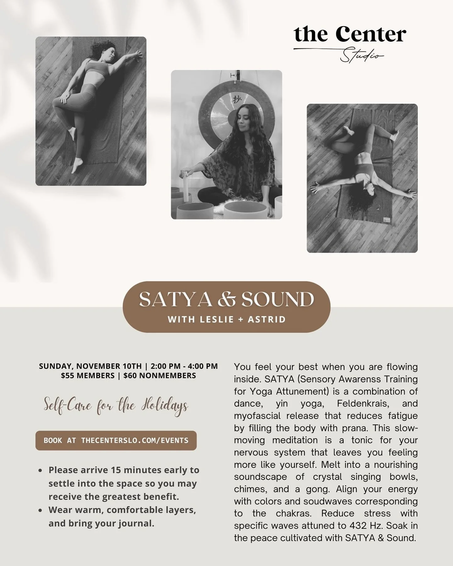 Treat yourself to a mini-retreat this busy holiday season with a special event with Leslie and Astrid ✨ 

Register online at www.thecenterslo.com 😁

#thecenterslo #returntoyourcenter #shareslo #downtownslo #smallbusiness #slocommunity #breathe #prac