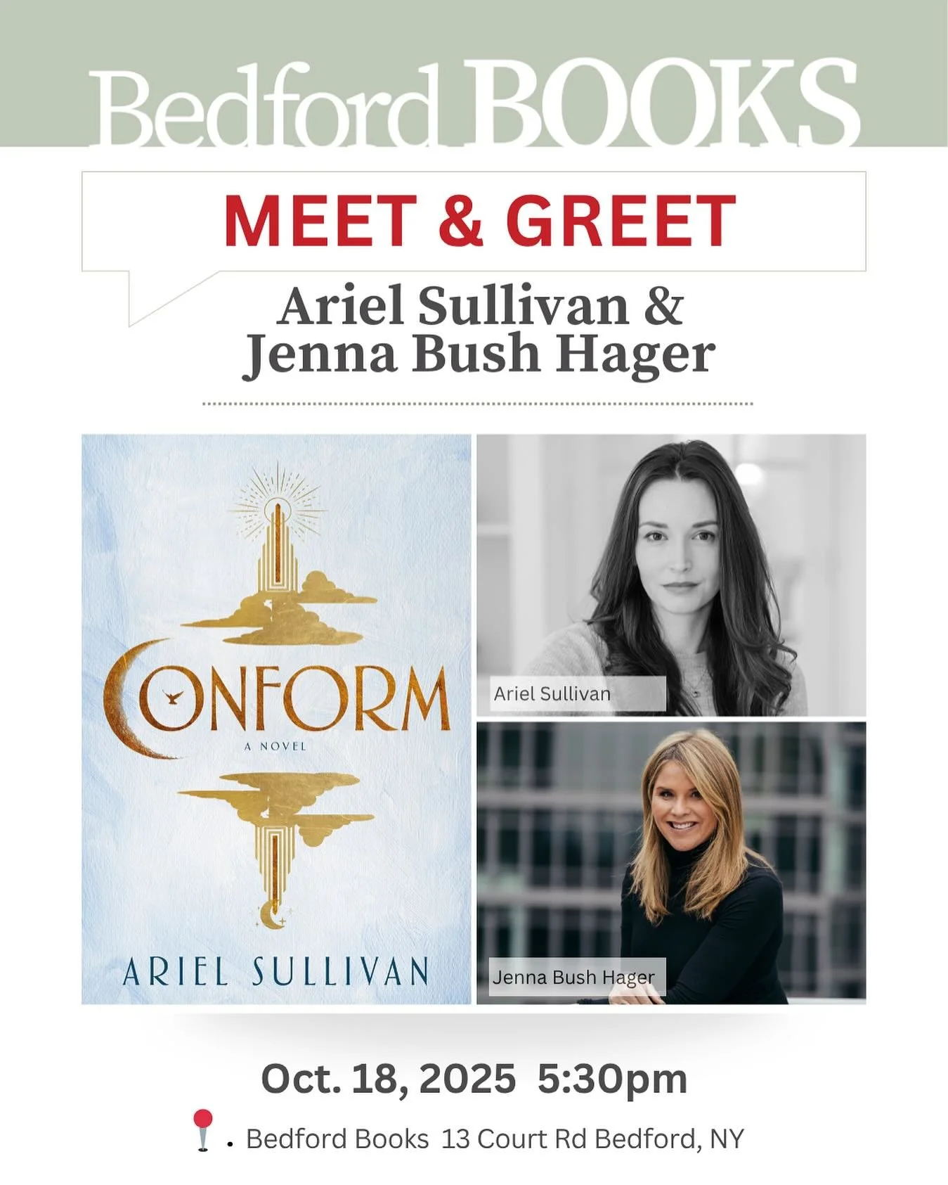 𝗕𝗶𝗴 𝗻𝗲𝘄𝘀! 🎉

We&rsquo;re so excited to welcome Ariel Sullivan and Jenna Bush Hager to Bedford Books this Saturday at 5:30!

Come say hi and grab a signed copy of Ariel&rsquo;s new book, 𝘊𝘰𝘯𝘧𝘰𝘳𝘮. 📖

When our advance copy arrived, we we