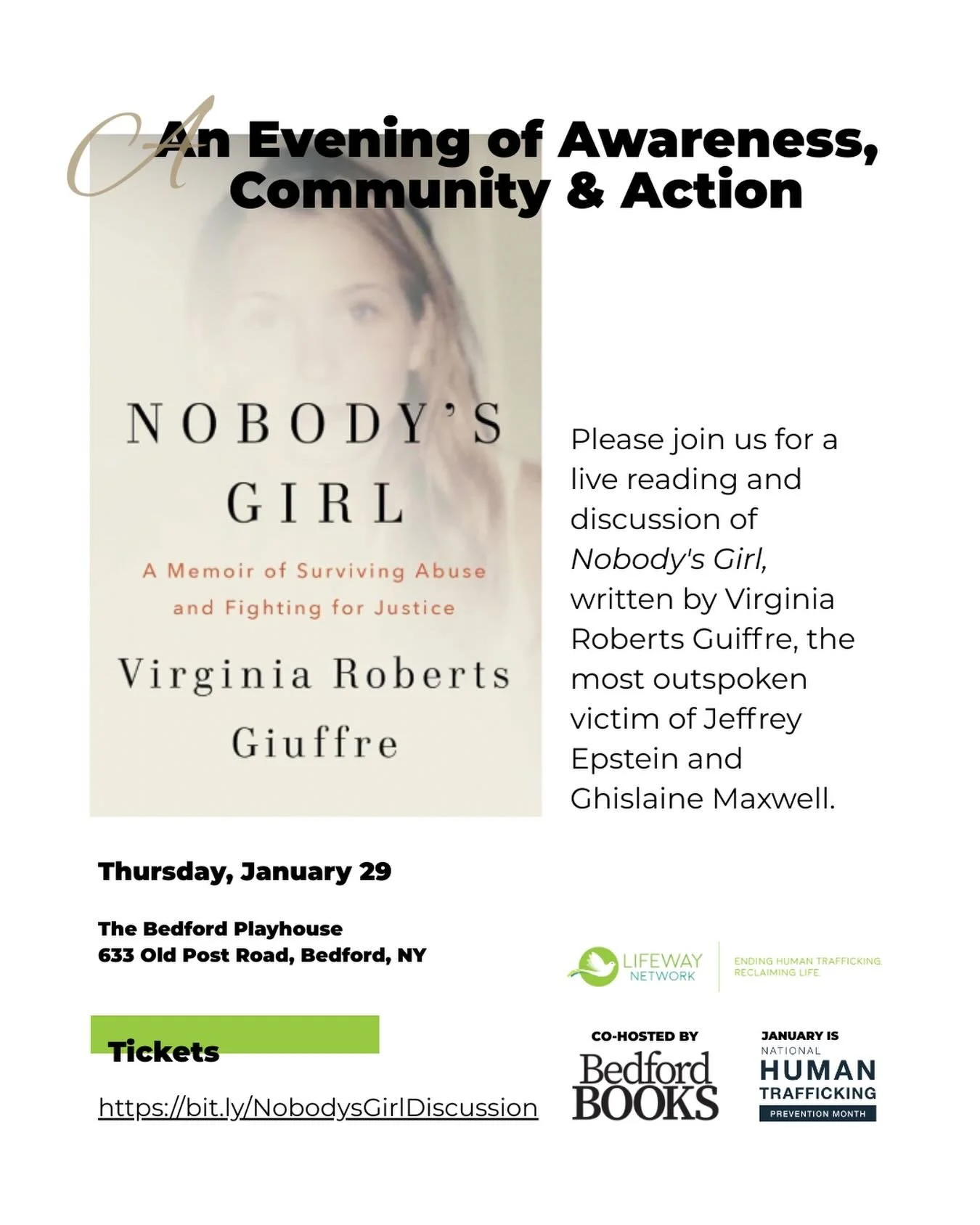 Join us for a meaningful night out&mdash;for survivors and for our community 💛

On Jan 29 at 5:30pm at the Bedford Playhouse, we&rsquo;re co-hosting a live reading and discussion of 𝘕𝘰𝘣𝘰𝘥𝘺&rsquo;𝘴 𝘎𝘪𝘳𝘭, a brave and powerful memoir. Ticket