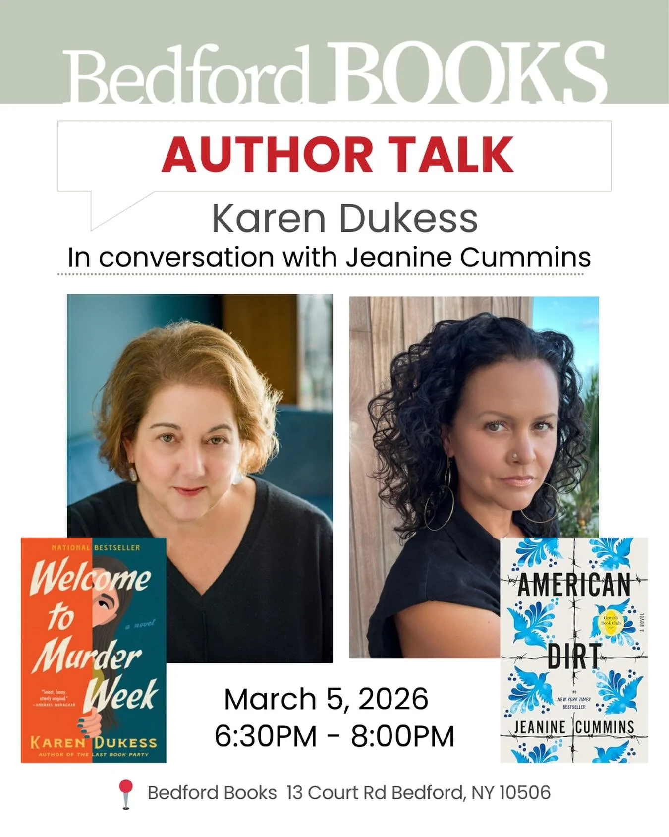 We&rsquo;re thrilled to welcome Karen Dukess to celebrate the paperback release of 𝘞𝘦𝘭𝘤𝘰𝘮𝘦 𝘵𝘰 𝘔𝘶𝘳𝘥𝘦𝘳 𝘞𝘦𝘦𝘬, joined by #1 New York Times bestselling author Jeanine Cummins (𝘈𝘮𝘦𝘳𝘪𝘤𝘢𝘯 𝘋𝘪𝘳𝘵 and 𝘚𝘱𝘦𝘢𝘬 𝘵𝘰 𝘔𝘦 𝘰𝘧 𝘏𝘰