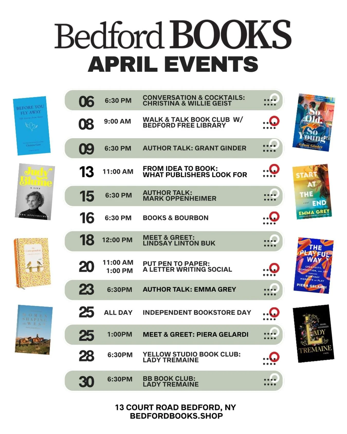April at Bedford Books 🌸 
Check out our events calendar (link in bio) 🔗 
Hope to see you at one (or a few!) 🥰

#BedfordBooks #BookstoreEvents