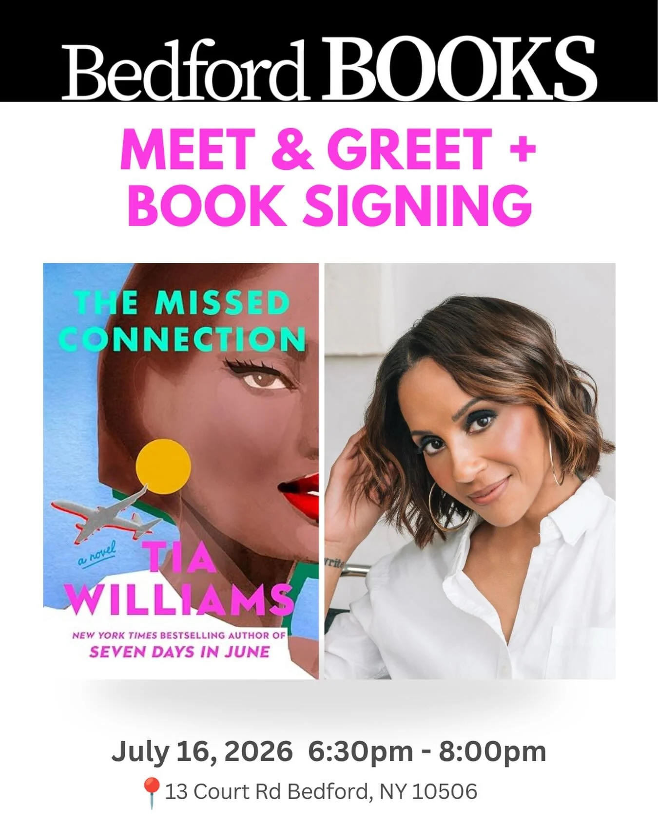 We&rsquo;re so excited to welcome bestselling author Tia Williams to Bedford Books! 💕📚

Join us for a meet-and-greet, book signing, romance trivia, and light refreshments. Your ticket includes a copy of her newest novel, 𝘛𝘩𝘦 𝘔𝘪𝘴𝘴𝘦𝘥 𝘊𝘰𝘯?