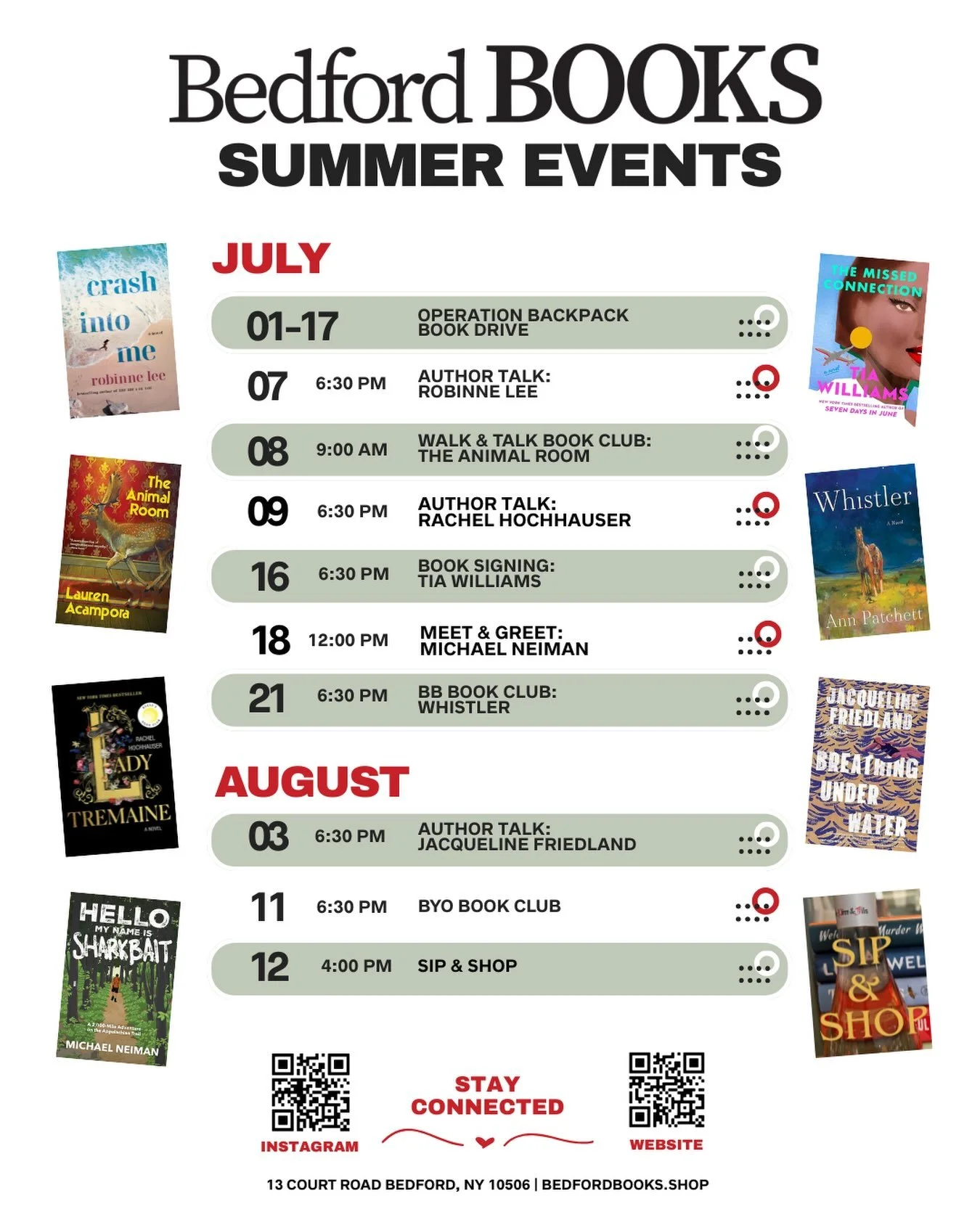 July/August at Bedford Books! ☀️
Sign up at the events calendar link in bio 🔗
We hope to see you at one (or a few)! 🥰

#bedfordbooks #bookstoreevents