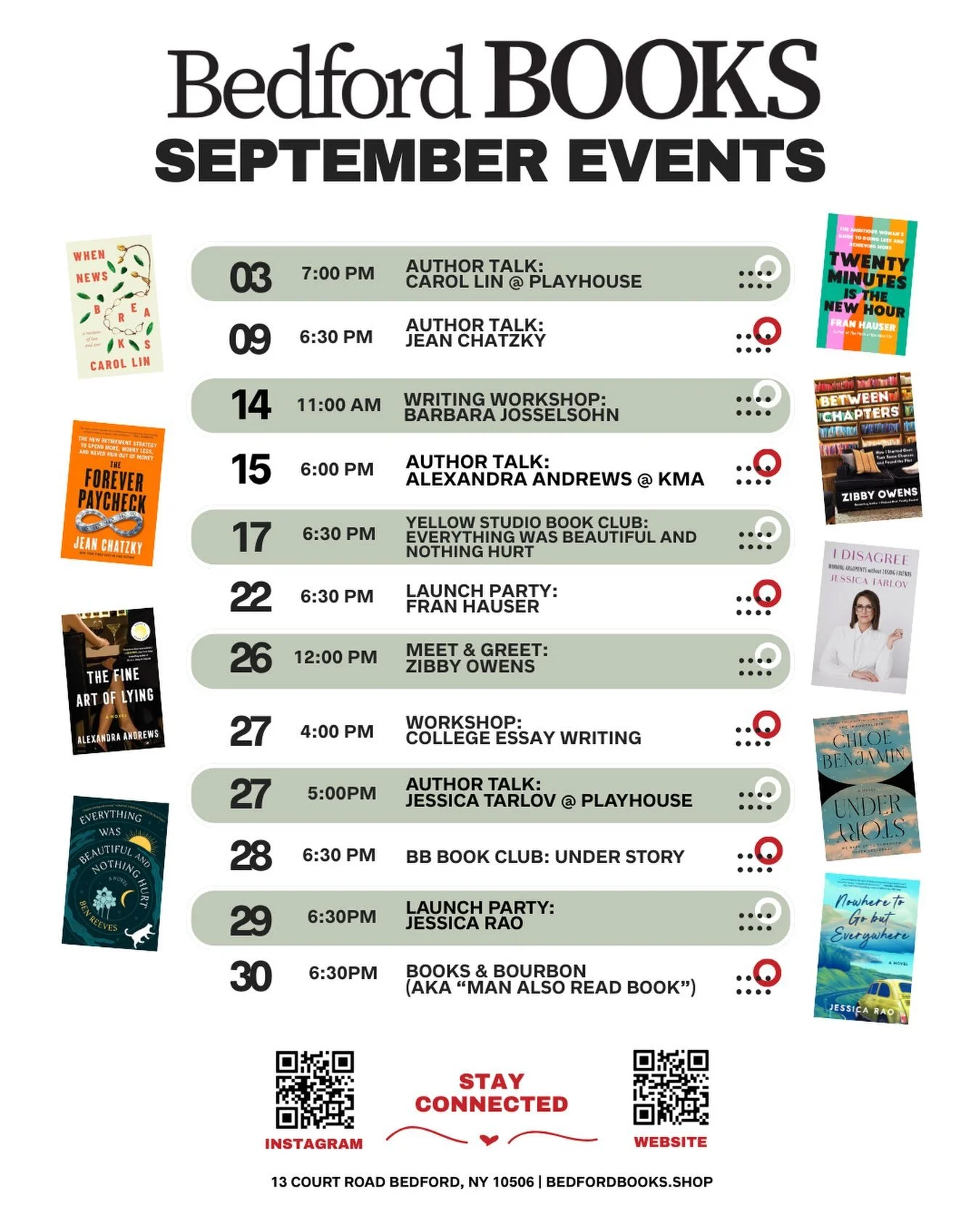 September at Bedford Books! 📚

From bestselling authors to book clubs, workshops, and a very special celebration for Fran&rsquo;s new book, 𝘛𝘸𝘦𝘯𝘵𝘺 𝘔𝘪𝘯𝘶𝘵𝘦𝘴 𝘐𝘴 𝘵𝘩𝘦 𝘕𝘦𝘸 𝘏𝘰𝘶𝘳, there&rsquo;s something for every reader. ✨

Take a 