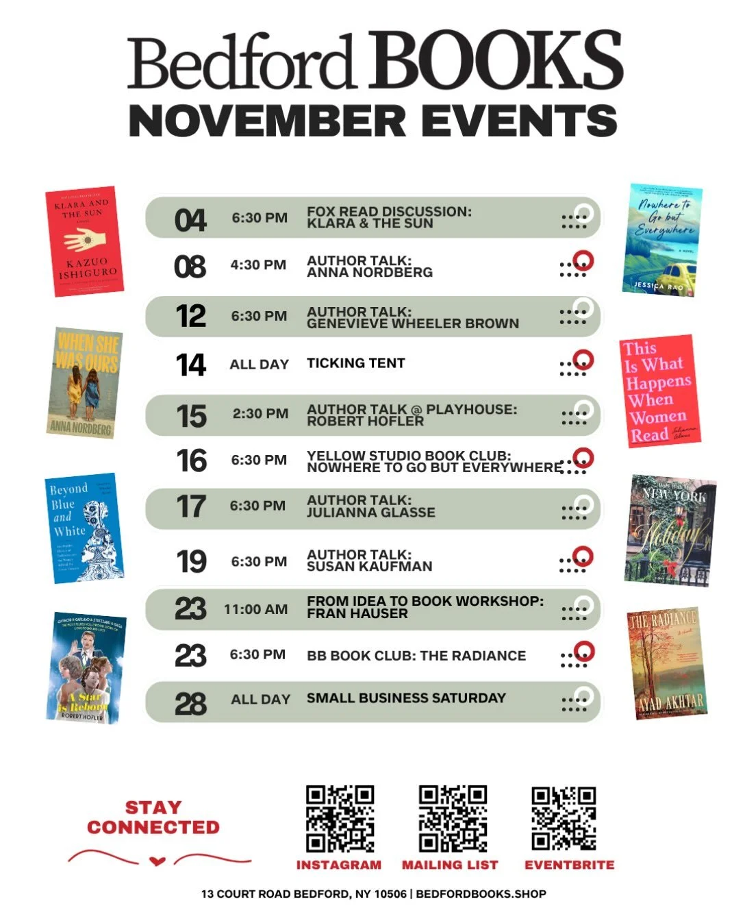 November at Bedford Books! 📚

From bestselling authors to book clubs and&nbsp;workshops,&nbsp;there&rsquo;s something for everyone. ✨

Take a look through the lineup, then head to the events calendar link in our bio to reserve your spot. We can&rsqu