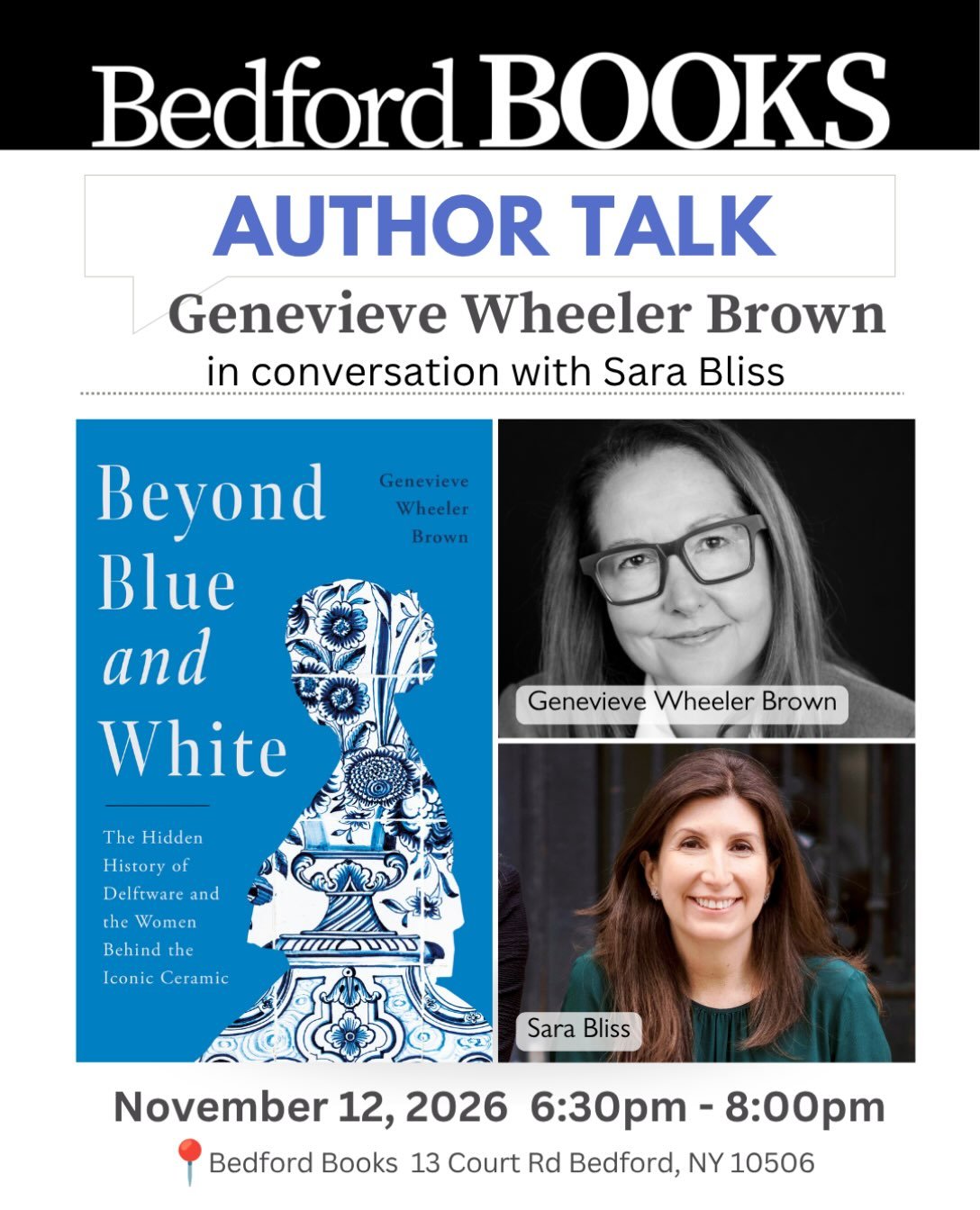 Beautiful objects, fascinating history, and remarkable women. 💙 Join Genevieve Wheeler Brown and Sara Bliss at Bedford Books for a conversation about BEYOND BLUE AND WHITE. 

What began with the rediscovery of rare Delftware in a Manhattan townhouse