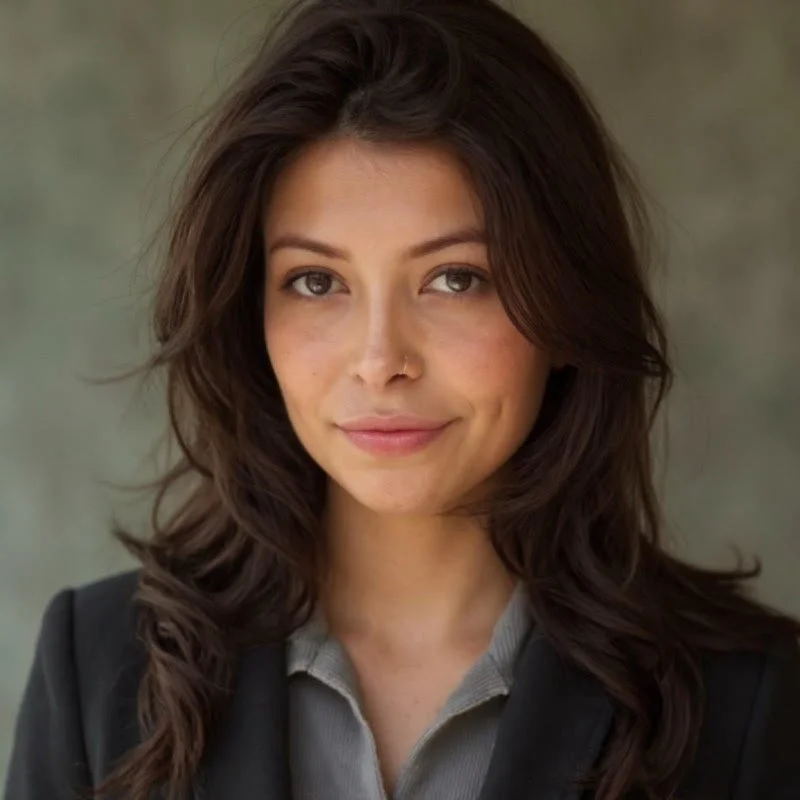 Close-up portrait of a young woman with wavy brown hair, wearing a dark blazer and a gray shirt, smiling subtly against a neutral background.