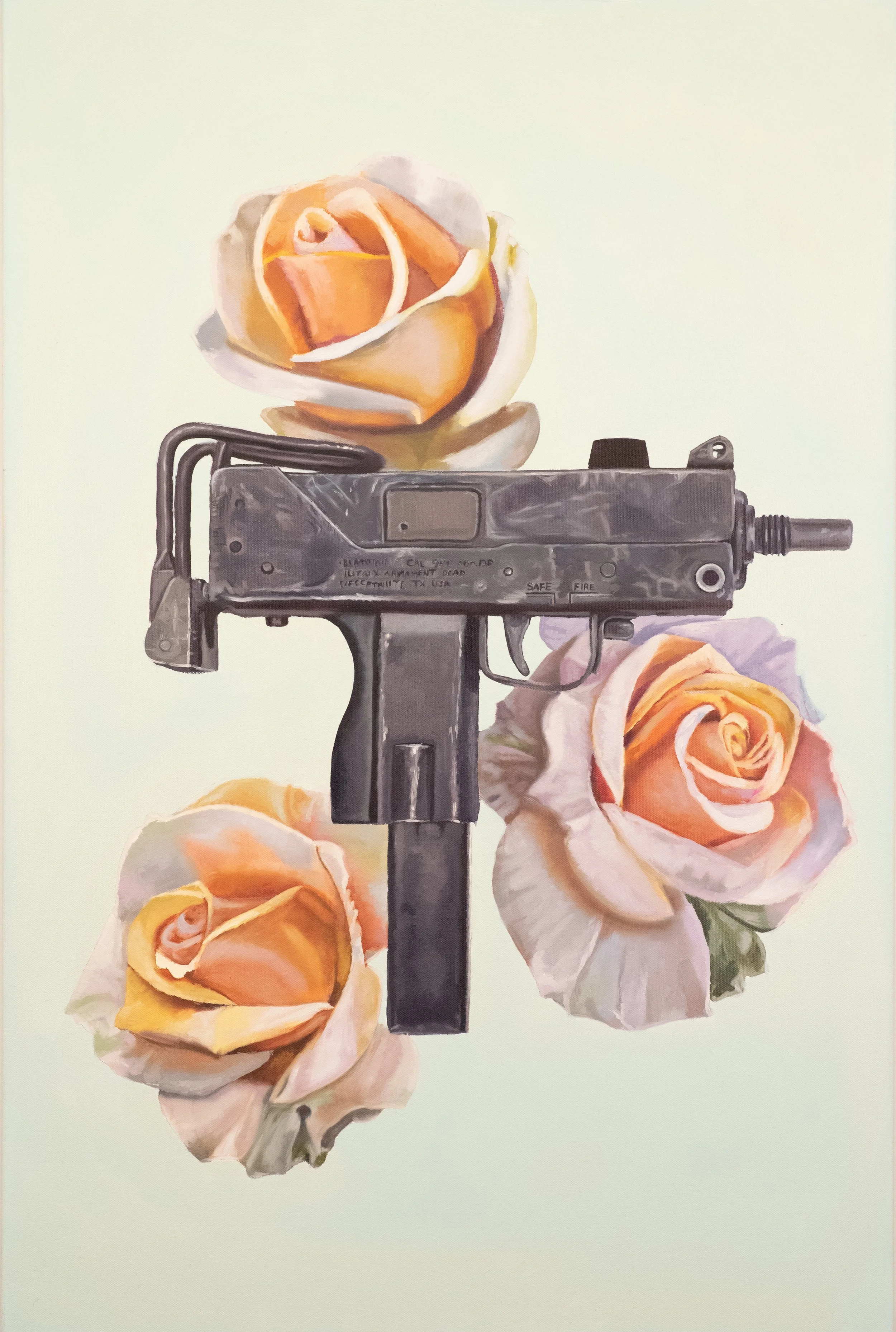 "Uzi and Roses" 24"x30" oils on canvas circa 2025