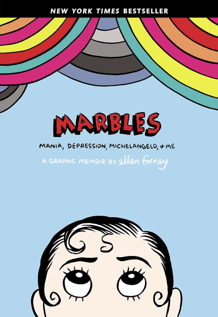 Book cover for 'Marbles' with colorful curtain top and a cartoon illustration of a person with large eyes.