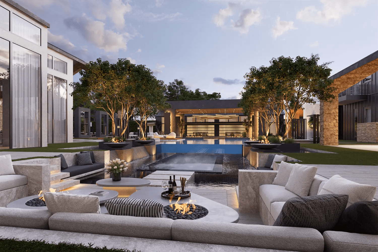 Luxury landscape design featuring sunken seating area