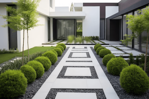Landscape design with custom front entrance walkway