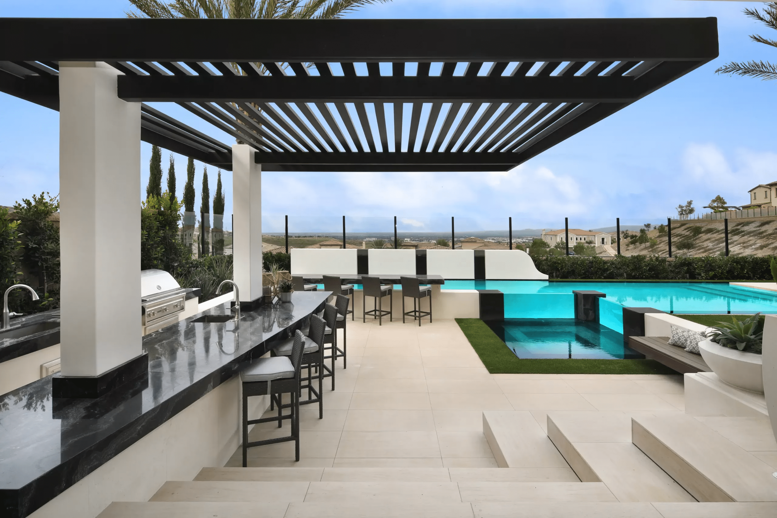 Modern luxury custom landscape design featuring covered patio and pool