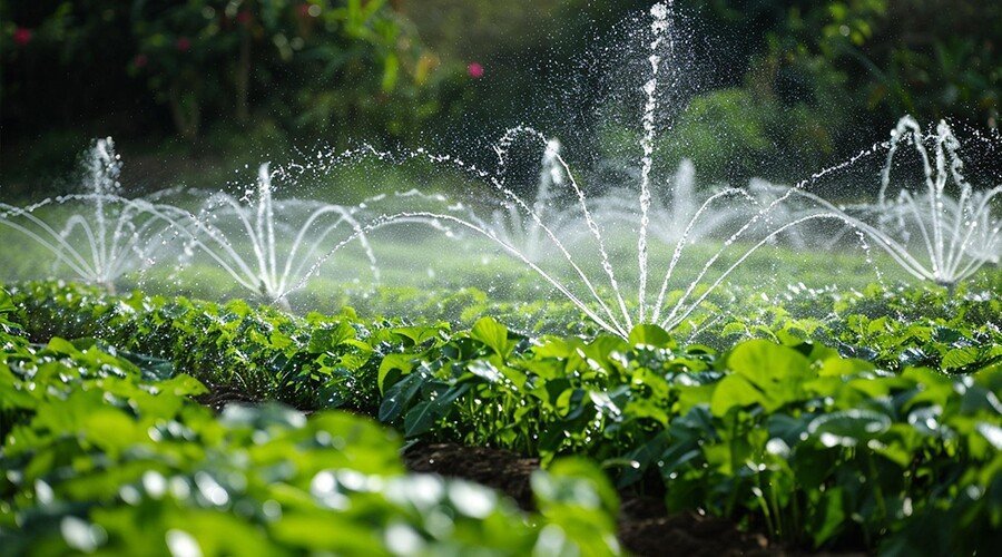 Sprinkler system used to water backyard garden
