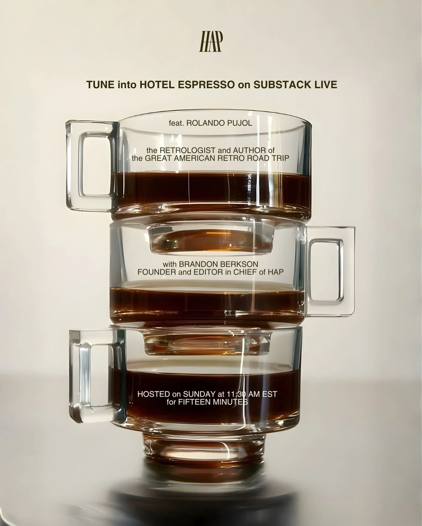 A retro-themed Substack live chat between HAP CEO @brandonsetsthepar and @rolandopujol of The Retrologist&mdash;link in bio to join at 11:30 am today via Hotel Espresso, Brandon&rsquo;s personal Substack newsletter for HAP. 

If you like retro motels