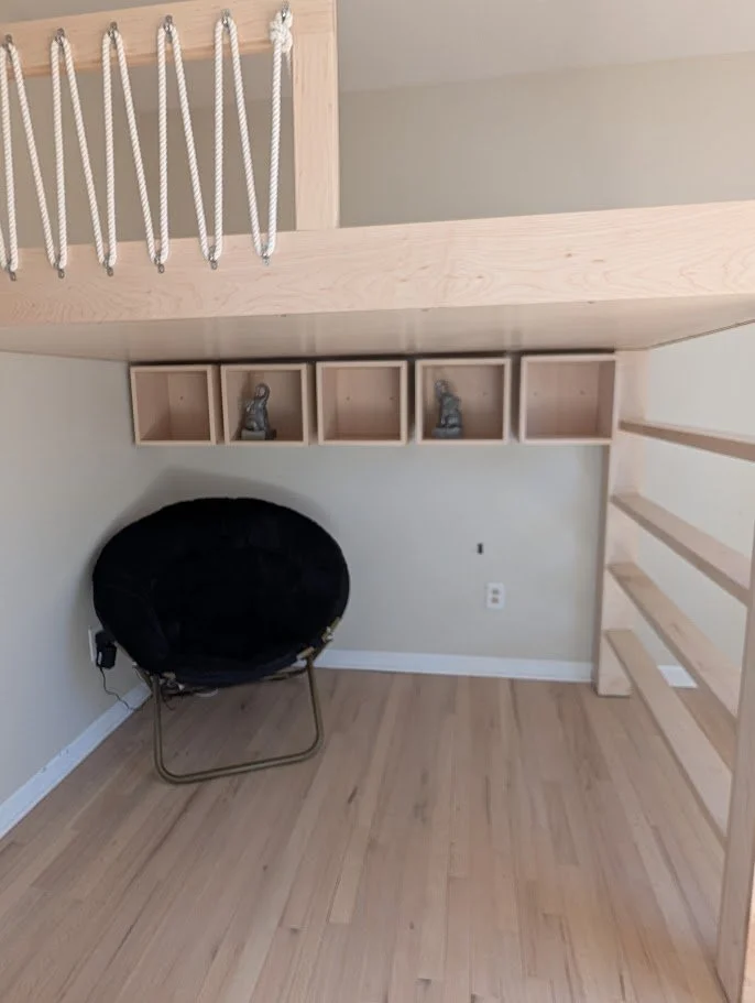 Custom Maple Loft Bed and Cube Shelving
