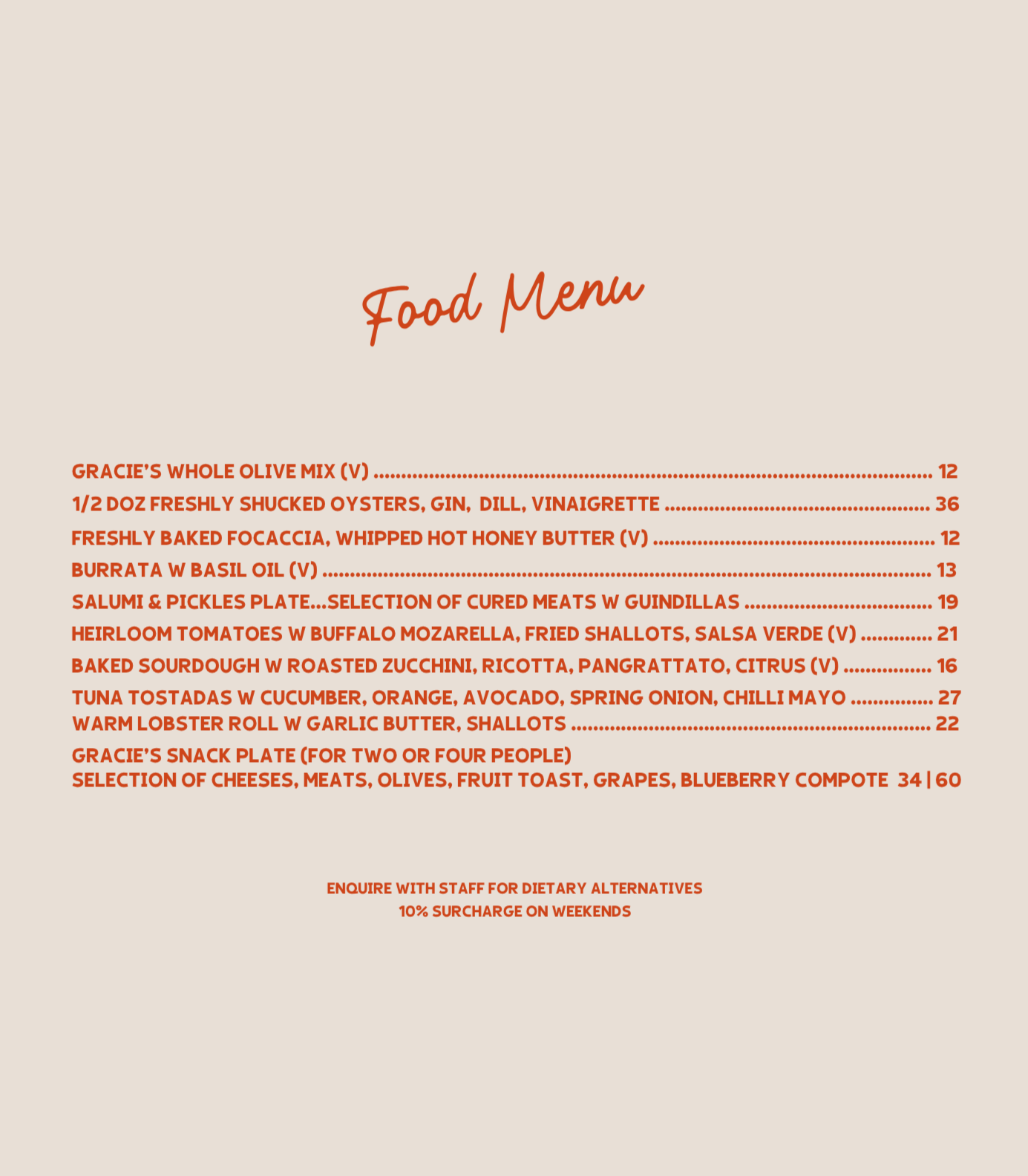 Food menu featuring various dishes, including olive mix, oysters, focaccia, burrata, meat platter, tomatoes, zucchini, lobster roll, and cheese platter.