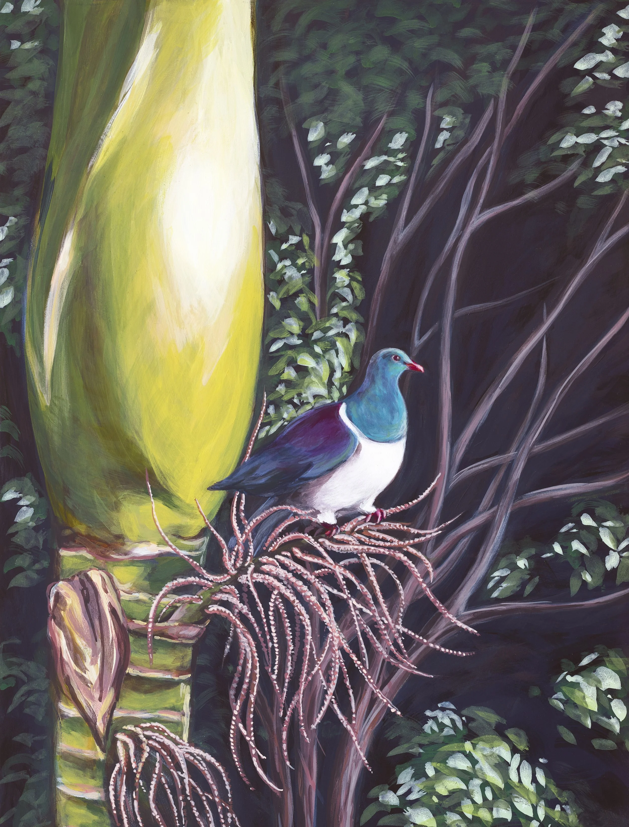 Painting of a pigeon perched on a branch with a large, abstract palm in the background, surrounded by dense green foliage.