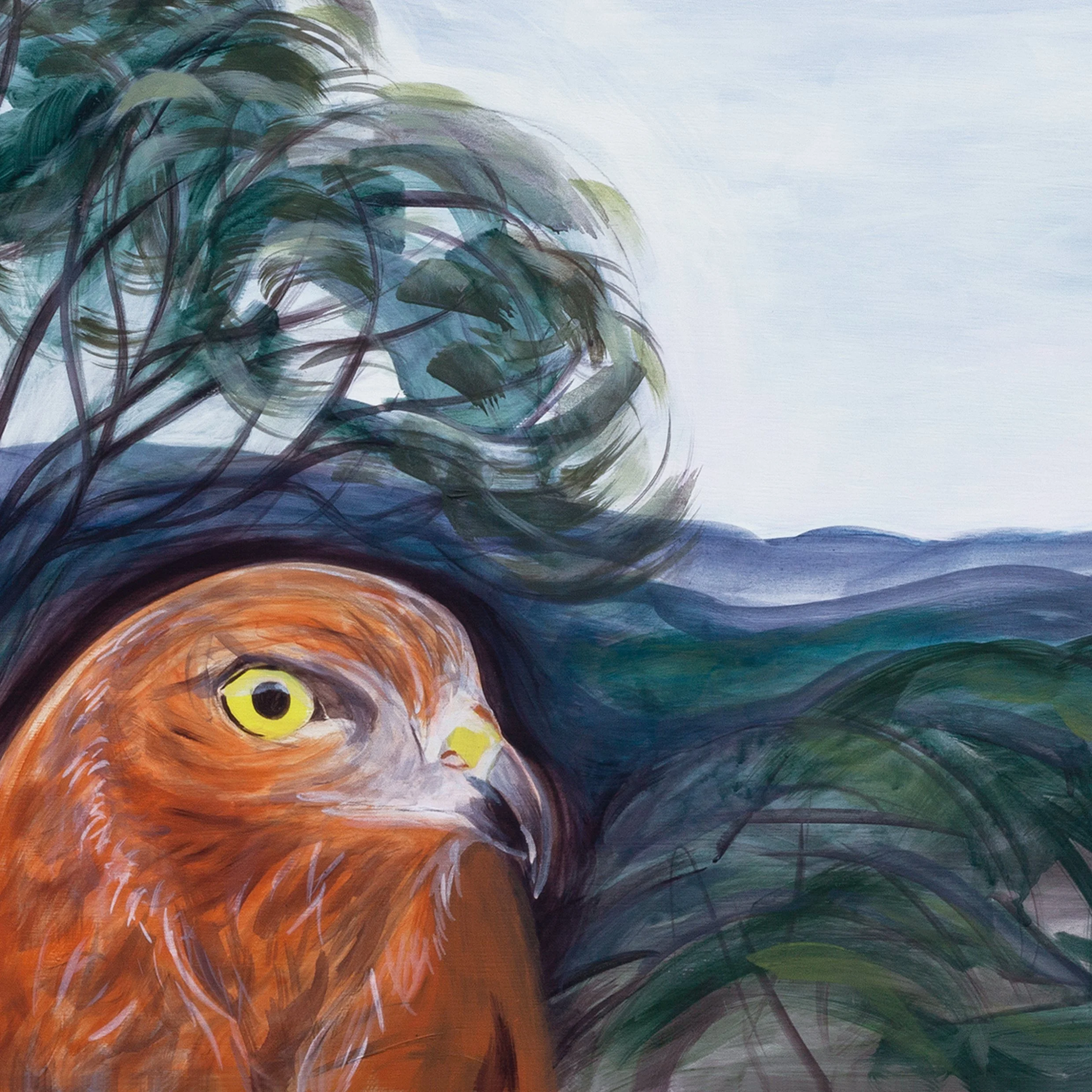 Painting of a hawk with golden eyes and reddish-brown feathers, surrounded by green foliage and hills in the background.