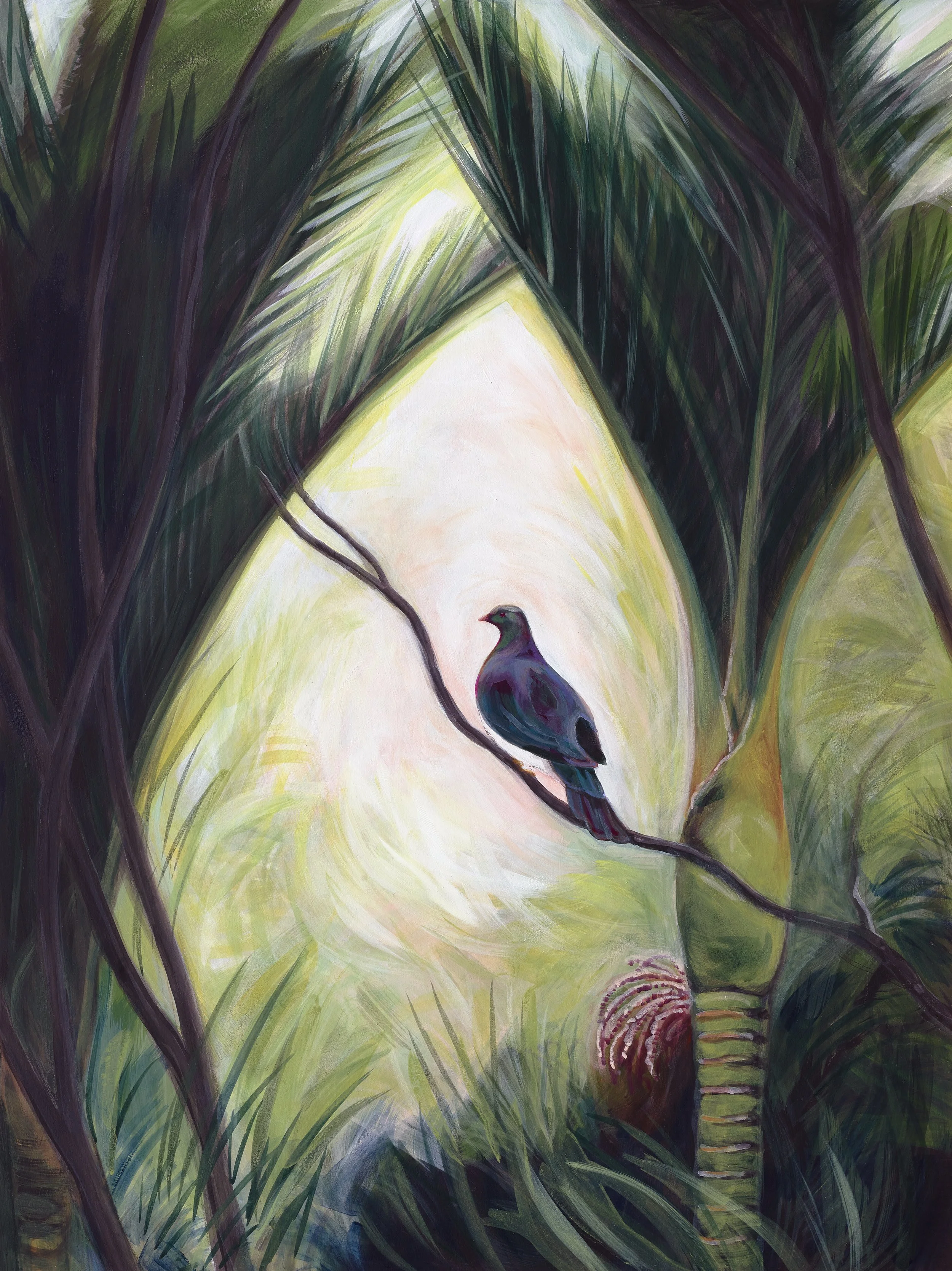 Painting of a bird perched on a branch surrounded by lush green foliage with a light background.