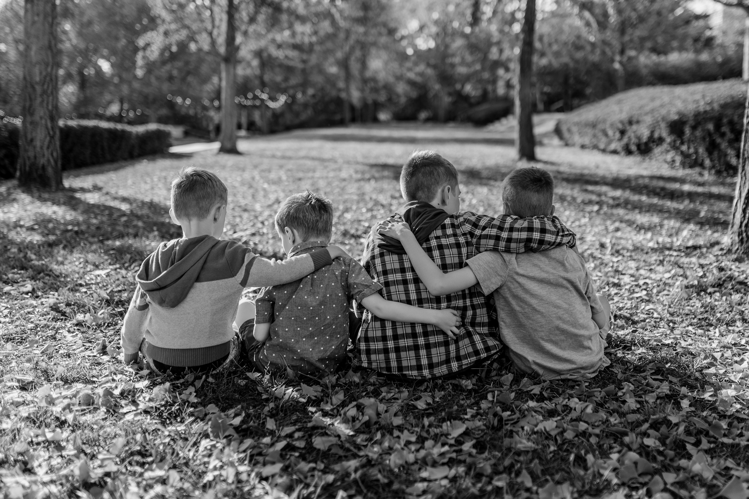 Four young boys sit on yellow autumn leaves facing away from the camera with arms wrapped around each other during a family and friends portrait session on the lawn of the Nelson-Atkins Museum of Art in Kansas City, MO.
