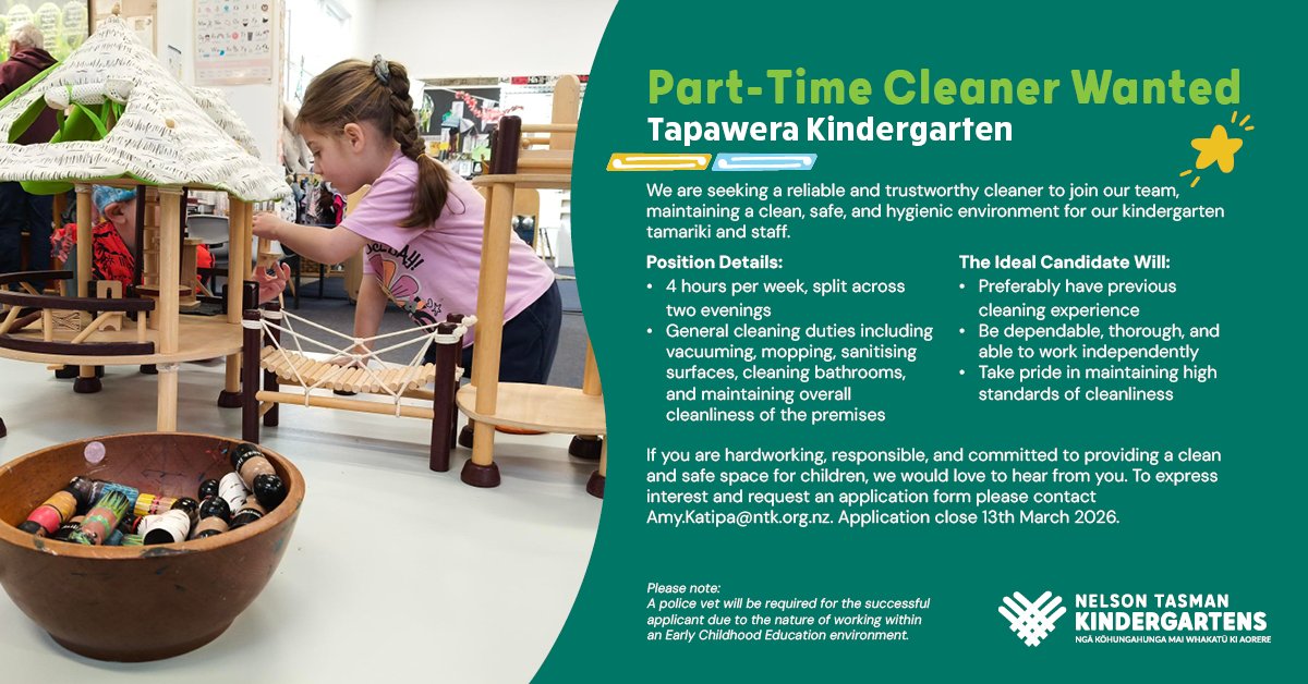 Part-Time Cleaner | Tapawera Kindergarten 