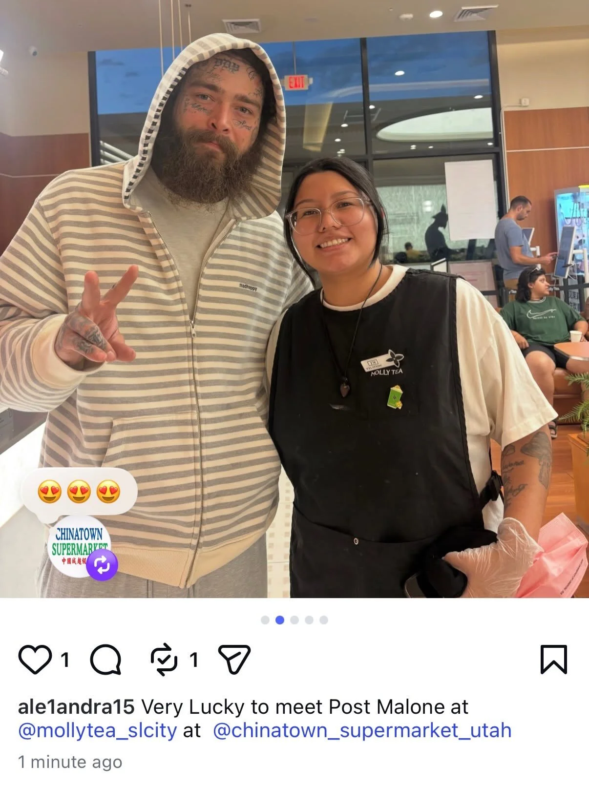 Just another shift at Molly Tea&hellip; until THIS happened. 👀🤯

Imagine coming to work and suddenly realizing your customer is Post Malone! 🧋⭐️

Our team member definitely got lucky today! 🍀
A once-in-a-lifetime &ldquo;wait&hellip; is that reall