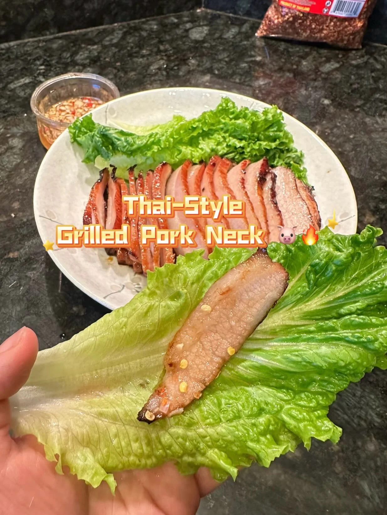 Thai-Style Grilled Pork Neck 🐷🔥

This is one of my MUST-ORDER dishes whenever I eat Thai food!

First, make the dipping sauce with minced garlic, Thai chilies, 1 tbsp sugar, 2 tbsp fish sauce, 4 tbsp water, and the juice of half a lime. 🍋&zwj;🟩

