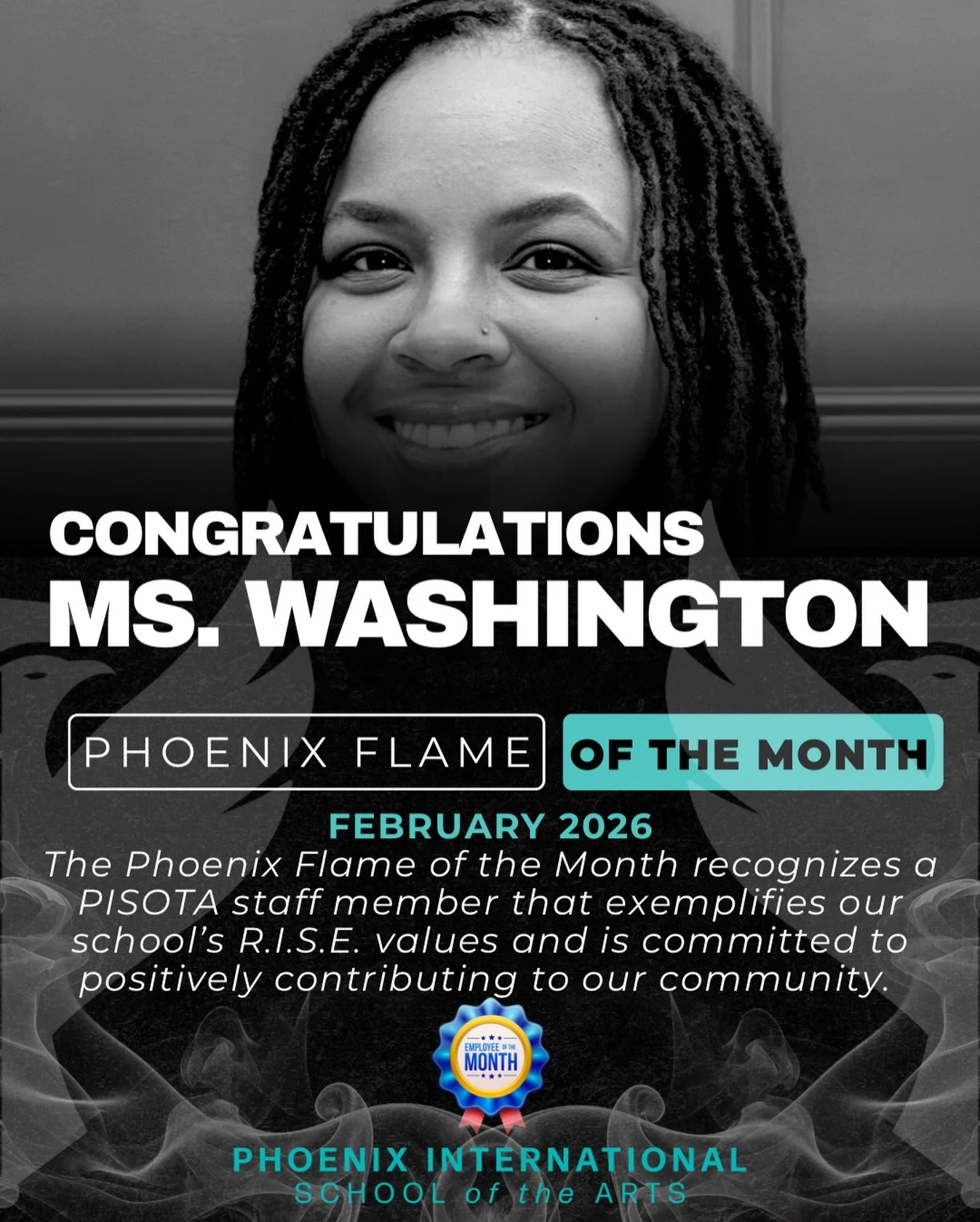 🐦&zwj;🔥❤️&zwj;🔥PHOENIX FLAME OF THE MONTH: MS. WASHINGTON 
This February, we celebrate Ms. Washington, whose kindness and consistency create a foundation of excellence every single day!

Ms. Washington brings warmth and dedication to everything sh