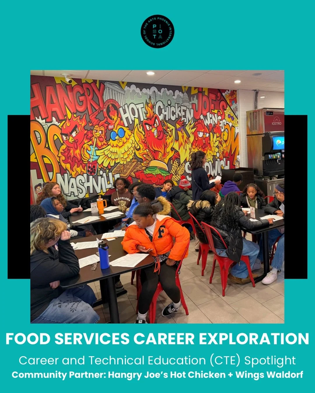 🐔Wealth-building through franchise and food services. #CTE at #PISOTA.

Our young artists interested in pursuing careers in the culinary industry were given the opportunity to go behind the scenes at our local @hangryjoeswaldorf. There, they learned