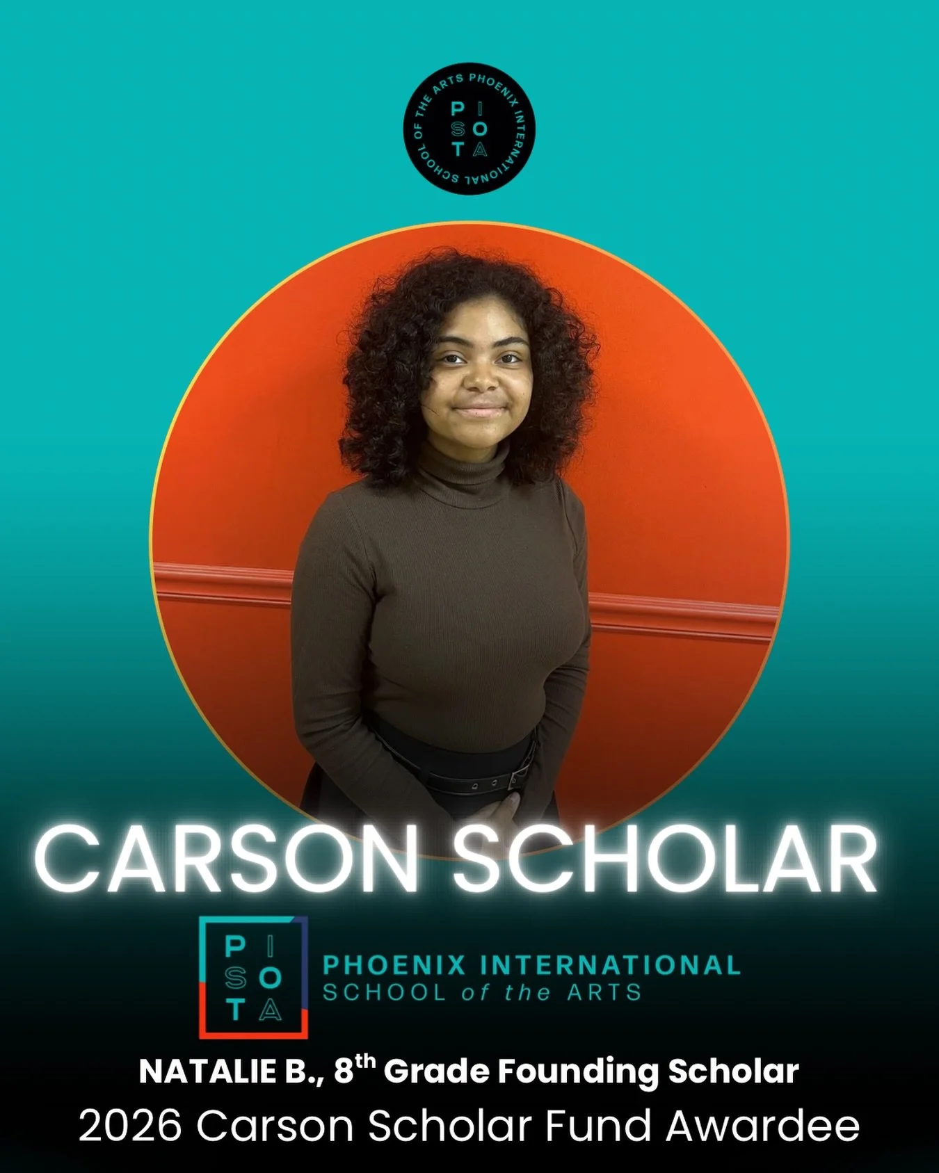 Phoenix International School of the Arts proudly celebrates Natalie, one of our outstanding eighth-grade scholars, for being named a 2026 Carson Scholar. Natalie is a talented Artist in our Visual Arts Pathway. 

The @carsonscholarsfund is a prestigi